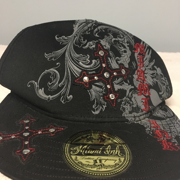 Miami Ink Black Cotton Hat with cross and gem accents - Picture 3 of 5